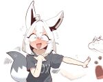  1girl ahoge animal_ear_fluff animal_ear_piercing animal_ears aqua_eyes black_shirt blush box box_of_chocolates braid cocomayo29_(tomato) commentary creature flying_sweatdrops fox_ears fox_girl fox_tail full-face_blush hand_on_own_chest heart-shaped_box highres hololive miteiru_(shirakami_fubuki) outstretched_arm raised_eyebrow shirakami_fubuki shirt short_sleeves simple_background single_braid smear_frame tail tail_wagging throwing upper_body virtual_youtuber white_background white_hair wide-eyed 