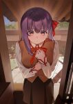  1girl amiably_02 architecture black_skirt blue_sky brown_vest commentary day doorway east_asian_architecture fate/stay_night fate_(series) hair_ribbon highres homurabara_academy_school_uniform long_hair long_sleeves looking_at_viewer matou_sakura neck_ribbon purple_eyes purple_hair red_ribbon ribbon school_uniform shirt skirt sky solo sunlight vest white_shirt 