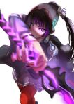  1girl black_hair black_jacket black_skirt blunt_bangs covered_mouth cowboy_shot epaulettes glowing glowing_eyes hashtag-only_commentary heaven_burns_red highres holding holding_sword holding_weapon incoming_attack jacket long_hair long_sleeves looking_at_viewer miniskirt motion_blur natsume_inori noir_(nowaru) pantyhose pleated_skirt ponytail red_pantyhose sidelocks signature simple_background skirt solo sword upturned_eyes v-shaped_eyebrows weapon white_background 