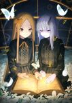  2girls abigail_williams_(fate) black_dress blonde_hair blue_eyes book bow breasts bug butterfly closed_eyes commentary_request dress fate/grand_order fate_(series) field flower flower_field forehead hair_bow highres horns lavinia_whateley_(fate) long_hair long_sleeves multiple_girls notonaon orange_bow parted_bangs single_horn small_breasts smile white_hair 