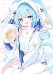  +_+ 1girl animal_hands animal_hood arahashi_tabi bandaid blue_eyes blue_hair carrot_necklace commentary_request crop_top dolphin_shorts fake_tail four-pointed_star gloves hair_ornament hairclip heart hood hooded_jacket jacket jewelry korean_commentary looking_at_viewer necklace open_mouth paw_gloves rabbit_hood rabbit_tail short_hair shorts single_paw_pose sitting socks stellive striped_clothes striped_socks subin_(subin_2011) tail teeth upper_teeth_only virtual_youtuber wariza white_jacket 