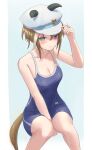  1girl animal_ears bare_shoulders blue_eyes blue_one-piece_swimsuit blush breasts brown_hair cheval_grand_(umamusume) cleavage closed_mouth collarbone commentary_request competition_school_swimsuit ear_covers ears_through_headwear hair_between_eyes hat hat_belt highres horse_ears horse_girl horse_tail medium_breasts medium_hair multicolored_hair one-piece_swimsuit peaked_cap school_swimsuit single_vertical_stripe solo streaked_hair swimsuit tail tracen_swimsuit umamusume uryua0324 white_hair white_hat 