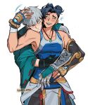  2boys arms_around_waist black_gloves black_hair blue_gloves blue_tank_top blush brown_eyes closed_mouth commentary cowboy_shot fingerless_gloves gloves grey_eyes grey_hair hair_bun hand_on_another's_head highres hug hug_from_behind long_sleeves looking_to_the_side male_focus mizuki_(overwatch) multiple_boys one_eye_closed overwatch ruru_hrk sideways_glance simple_background single_hair_bun standing tank_top toned toned_male untranslatable_commentary white_background wide_sleeves wuyang_(overwatch) yaoi 