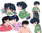  1boy 1girl black_hair blue_hair braid chinese_clothes chopsticks clenched_teeth closed_mouth commentary_request empty_eyes green_kimono grey_eyes holding holding_chopsticks isabel_(chabeescalante) japanese_clothes kimono open_mouth orange_eyes ranma_1/2 saotome_ranma short_hair single_braid smile spanish_commentary teeth tendou_akane tongue tongue_out topless_male v-shaped_eyebrows white_background 
