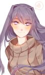  beige_sweater blush commentary doki_doki_literature_club english_commentary eyebrows_visible_through_hair hair_between_eyes hair_ornament hairclip heart heart-shaped_pupils highres long_hair looking_at_viewer marilatte purple_eyes purple_hair ribbed_sweater simple_background smile solo spoken_heart sweater symbol-shaped_pupils upper_body white_background yuri_(doki_doki_literature_club) 