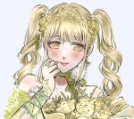  1girl arm_ribbon arm_warmers bare_shoulders blonde_hair blue_background bouquet bow bow_choker bowtie brown_pupils choker clenched_hand closed_mouth commentary dot_nose drill_hair earrings english_commentary eyelashes floral_print flower flower_earrings flower_ring green_arm_warmers green_bow green_bowtie green_choker green_flower green_ribbon green_sleeves hair_flower hair_ornament hand_on_own_cheek hand_on_own_face highres holding holding_bouquet infinity_nikki jewelry lace-trimmed_bowtie lace-trimmed_choker lace_trim lipstick long_hair looking_at_viewer makeup nikki_(series) nonoberry22 pendant_earring plant pom_pom_(clothes) print_sleeves red_lips ribbon short_sleeves simple_background smile stylist_(nikki) twin_drills twintails vines white_flower wrist_flower yellow_eyes yellow_flower 