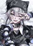  1boy ;d arm_warmers bandaid bandaid_on_cheek bandaid_on_face black_collar black_hat black_shirt blue_eyes blunt_bangs chain chain_necklace collar collared_shirt commentary double-parted_bangs hair_between_eyes hair_ornament hairclip hands_up hat highres jewelry kaminoq looking_at_viewer male_focus necklace one_eye_closed open_mouth original shirt short_hair short_sleeves smile solo star_(symbol) striped_arm_warmers teeth upper_body white_hair x_hair_ornament 