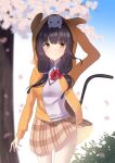  1girl absurdres asakura_karen_(heaven_burns_red) black_hair bow bowtie cat_tail heaven_burns_red highres hood hoodie low_twintails negino_yurine school_uniform tail twintails yellow_eyes 