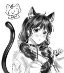  1girl :3 :o ahoge animal animal_ear_fluff animal_ears bell blush bow bowtie breasts cardigan cat cat_ears cat_girl cat_tail cleavage cloak closed_mouth clothed_animal commentary criss-cross_straps doodle_inset dress drill_hair ear_covers earrings english_commentary extra_ears eyelashes greyscale hair_bow hair_over_shoulder heart heart_earrings highres hood hood_up hooded_cloak jewelry lipstick long_hair long_sleeves looking_at_viewer low_twintails makeup momo_(nikki) monochrome nail_polish neck_bell nikki_(series) nonoberry22 open_mouth pointy_nose puffy_long_sleeves puffy_sleeves shining_nikki simple_background sleeves_past_wrists smile solid_oval_eyes stylist_(nikki) tail traditional_bowtie twin_drills twintails upper_body whiskers white_background 