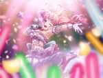  1girl ;d armpits bang_dream! bare_shoulders boots breasts confetti fishnet_pantyhose fishnets frilled_gloves frilled_shirt frilled_skirt frilled_sleeves frills gloves glowstick hair_ornament happy_anniversary hashtag-only_commentary highres holding holding_microphone idol idol_clothes jumping lace_ribbon layered_skirt maruyama_aya medium_breasts microphone music navel one_eye_closed open_mouth pantyhose pearl_hair_ornament pink_boots pink_eyes pink_hair pink_skirt see-through_clothes see-through_sleeves shirt singing skirt sleeveless smile solo teeth twintails two-tone_skirt upper_body upper_teeth_only white_gloves white_pantyhose white_skirt zuka_ryu 