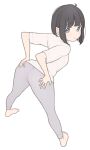  1girl 1ssakawaguchi absurdres ass barefoot bent_over black_hair bob_cut closed_mouth from_behind full_body grey_eyes grey_leggings hands_on_own_ass highres ichika_(1ssakawaguchi) leggings legs_apart light_blush long_sleeves looking_at_viewer looking_back original shirt short_hair short_sleeves simple_background smile solo white_background white_shirt 