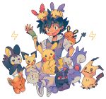  1boy ash_ketchum black_hair blue_jacket blue_pants blue_shoes brown_eyes closed_mouth dedenne electricity emolga english_commentary facial_mark fingerless_gloves gloves green_gloves happy highres jacket malan marill mimikyu minun morpeko morpeko_(hangry) on_head pachirisu pants pawmi pichu pikachu plusle pokemon pokemon_(anime) pokemon_(classic_anime) pokemon_(creature) red_eyes shoes short_sleeves simple_background sitting smile sweat togedemaru white_background white_sleeves 
