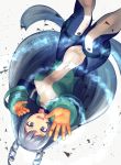  absurdres bangs blue_eyes blue_hair bodysuit boku_no_hero_academia breasts commentary_request covered_navel feet_out_of_frame gloves hadou_nejire hakase_(kamakura0117) highres horns long_hair looking_at_viewer medium_breasts orange_gloves pouch simple_background smile solo thigh_strap upper_teeth upside-down very_long_hair 