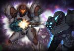  1other 2girls arm_cannon armor assault_visor blue_visor dark_samus dark_suit_(metroid) glowing helmet metroid metroid_prime_2:_echoes multiple_girls orange_visor power_armor power_suit_(metroid) samus_aran science_fiction shoulder_armor u-mos wakaba_(wata_ridley) weapon 