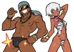  1boy 1girl absurdres animal_print armlet bandana bikini black_hair bracelet bulge dark-skinned_female dark-skinned_male dark_skin dee_jay elena_(street_fighter) highleg highleg_bikini highres jewelry male_swimwear multiple_bracelets multiple_necklaces multiple_rings necklace official_alternate_costume ring sach56000 short_hair smile street_fighter street_fighter_6 sunglasses swim_briefs swimsuit thigh_gap thighs thong_bikini white_hair zebra_print 
