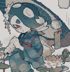  1girl alternate_costume blue_hair blue_kimono commentary_request eyeshadow flower hair_flower hair_ornament hair_over_one_eye highres holding holding_umbrella japanese_clothes kimono lily_pad long_hair lotus makeup octoling p0m4_p0m4 red_eyes red_eyeshadow shiver_(splatoon) short_eyebrows solo splatoon_(series) tentacle_hair thick_eyebrows umbrella white_flower 