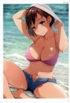  absurdres arakure artist_name bangs bikini bikini_under_clothes blurry blurry_background breasts brown_hair buttons cleavage closed_mouth collarbone covered_nipples dark_skin day highres large_breasts lips looking_at_viewer navel outdoors page_number pink_bikini purple_eyes scan shiny shiny_hair shiny_skin short_shorts shorts sitting smile solo swimsuit toranoana unbuttoned undressing water wet zipper 