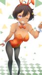  1girl animal_ear_hairband animal_ears aru_(arudes) black_hair bow bowtie breasts checkered_floor cleavage commentary_request dark-skinned_female dark_skin detached_collar fake_animal_ears feet_out_of_frame food-themed_hair_ornament grin hair_ornament hairband highres large_breasts lemon_hair_ornament leotard make_heroine_ga_oo_sugiru! orange_bow orange_bowtie orange_leotard pantyhose playboy_bunny purple_eyes rabbit_ears rabbit_tail short_hair smile solo strapless strapless_leotard tail wrist_cuffs yakishio_lemon 