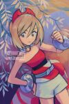  1girl blonde_hair blue_eyes bracelet closed_mouth eyelashes hair_between_eyes hairband hand_on_own_hip hand_up irida_(pokemon) jewelry miyaulait neck_ring outdoors pokemon pokemon_legends:_arceus red_hairband sash shirt short_hair shorts solo strapless strapless_shirt waist_cape white_shorts 