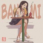  1girl artist_logo bare_legs black_skirt blush breasts brown_hair collarbone commentary_request crossed_legs feet food full_body grey_background hat highres holding holding_food logo long_hair medium_breasts miniskirt oicchikun open_mouth original plate pleated_skirt sandals sandwich shadow shirt sitting skirt sleeveless sleeveless_shirt solo toenails toes unworn_hat unworn_headwear very_long_hair white_shirt 