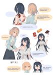  2girls ? ?? absurdres ampheta amputee bandaged_arm bandages black_hair brown_hair chinese_commentary chinese_text chocolate closed_eyes commentary_request dress fang food hand_up heart highres hole_in_chest hole_on_body long_hair medium_hair multiple_girls open_mouth oumi_shiori pocky simple_background skin_fang smile speech_bubble translation_request watashi_wo_tabetai_hitodenashi white_background white_dress yaotose_hinako 
