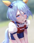  1girl animal_ears blue_eyes blue_hair blue_shorts blurry blurry_background blush breasts breath commentary_request ear_covers gym_shirt gym_uniform hair_between_eyes horse_ears horse_girl horse_tail k.s.miracle_(umamusume) komaki_yuzu leaning_forward parted_lips race_bib shirt short_hair short_sleeves shorts solo sweat tail umamusume white_shirt 