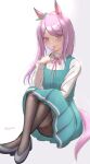  1girl animal_ears aqua_bow aqua_dress black_pantyhose blush bow casual closed_mouth commentary_request dress ear_bow ear_ribbon highres horse_ears horse_girl horse_tail long_hair long_sleeves mejiro_mcqueen_(casual)_(umamusume) mejiro_mcqueen_(umamusume) pantyhose pinafore_dress purple_eyes purple_hair purple_ribbon ribbon shirt shoes sleeveless sleeveless_dress smile solo tail tongue tongue_out umamusume uryua0324 white_shirt 