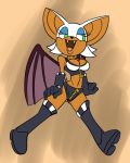  2018 5_fingers alternate_costume anthro bat bat_wings bedroom_eyes boots breasts brown_skin cleavage clothed clothing digital_media_(artwork) fangs female footwear fours_(artist) gloves green_eyes hair half-closed_eyes hi_res mammal membranous_wings midriff navel open_mouth pose rouge_the_bat seductive shorts sonic_(series) standing white_hair wings 