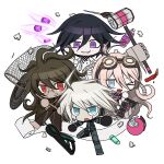  >_o 1girl 3boys ahoge android antenna_hair armor black_hair blonde_hair blue_eyes brown_hair brown_suit bullet butterfly_net buttons checkered_clothes checkered_scarf chibi chibi_only commentary_request danganronpa_(series) danganronpa_v3:_killing_harmony explosive flipped_hair glasses goggles goggles_on_head gokuhara_gonta grenade hair_between_eyes half-closed_eye hammer hand_net highres holding holding_hammer iruma_miu k1-b0 long_hair long_sleeves looking_at_viewer messy_hair multiple_boys oma_kokichi one_eye_closed open_mouth outline pants power_armor purple_eyes puzzle_piece red_eyes round_eyewear scarf shirt short_hair simple_background smile smirk suit toilet_paper two-tone_scarf wahaha_0714 white_background white_hair white_outline 