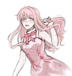  1girl argyle_clothes argyle_dress bloom_poetry_(shining_nikki) blush bow bowtie commentary cowboy_shot cross-laced_clothes cross-laced_dress dress dress_ribbon english_commentary floating_hair frilled_shirt frilled_sleeves frills hand_up happy highres long_hair long_sidelocks long_sleeves nikki_(nikki) nikki_(series) nonoberry22 open_mouth pinafore_dress pink_dress pink_eyes pink_hair red_bow red_bowtie red_ribbon ribbon ribbon-trimmed_bowtie shining_nikki shirt sidelocks simple_background sleeveless sleeveless_dress sleeves_past_wrists smile solo teeth turtleneck turtleneck_shirt upper_teeth_only wavy_hair white_background white_shirt wind 