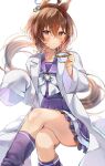  1girl absurdres agnes_tachyon_(umamusume) ahoge animal_ears blush bochibochi_(gyuuniku_6000) bow bowtie brown_hair brown_tail coat commentary_request crossed_legs cup earrings hair_between_eyes highres holding holding_cup horse_ears horse_girl horse_tail horseshoe_ornament huge_ahoge jewelry lab_coat long_hair_between_eyes looking_at_viewer open_clothes open_coat pleated_skirt purple_sailor_collar purple_shirt purple_skirt purple_socks red_eyes sailor_collar sailor_shirt school_uniform shirt short_hair simple_background single_earring skirt sleeves_past_fingers sleeves_past_wrists socks solo tail teacup thighs tracen_school_uniform umamusume white_background white_bow white_bowtie white_coat 