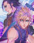  2boys 2girls armor artist_name black_hair blonde_hair blue_eyes buster_sword closed_mouth cloud cloud_strife cloudy_sky cross_scar english_commentary final_fantasy final_fantasy_vii final_fantasy_vii_rebirth final_fantasy_vii_remake highres ilabarattolo lips male_focus multiple_boys multiple_girls profile ribbed_sweater scar scar_on_cheek scar_on_face short_hair shoulder_armor single_bare_shoulder sky sleeveless sleeveless_turtleneck spiked_hair suspenders sweater turtleneck turtleneck_sweater upper_body zack_fair 