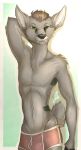  2016 anthro balls bare_chest biped birthmark black_nose bldymalice briefs bulge cervine clothed clothing digital_drawing_(artwork) digital_media_(artwork) eyebrows fangs front_view fur hair hi_res invalid_tag looking_at_viewer male mammal multicolored_fur muscular muscular_male nipples portrait short_hair simple_background smile solo standing topless tufted_deer two_tone_fur underwear venison_belevik 