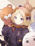  1girl abigail_williams_(fate) abigail_williams_(traveling_outfit)_(fate) bandaid bandaid_on_face bandaid_on_forehead belt black_bow black_jacket blonde_hair blue_eyes bow chaye_(2801185778) commentary_request crossed_bandaids enpera fate/grand_order fate_(series) hair_bow hair_bun jacket multiple_hair_bows orange_belt orange_bow parted_bangs parted_lips polka_dot polka_dot_bow single_hair_bun sleeves_past_fingers sleeves_past_wrists solo stuffed_animal stuffed_toy teddy_bear upper_body 