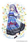 black_footwear blue_dress blue_eyes dress floral_print flower full_body gothic_wa_mahou_otome grey_hair hand_up highres jenevan long_hair long_sleeves looking_at_viewer official_art shawl solo standing traditional_clothes water_drop watermark white_legwear 