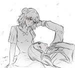  1boy 1girl aloysius_(shining_nikki) blush bow bowtie breasts closed_mouth collarbone collared_shirt commentary couple cowboy dress dress_shirt elf english_commentary falling_petals flower forehead grass greyscale hair_bun hair_flower hair_ornament hand_in_another's_hair happy hetero highres lap_pillow long_hair long_sidelocks looking_at_another lying medium_breasts medium_dress medium_hair monochrome nikki_(series) nonoberry22 on_back on_ground outdoors petals pleated_sleeves pointy_ears pointy_nose shining_nikki shirt short_sleeves sidelocks single_hair_bun sitting smile straight_hair stylist_(nikki) tunic upper_body very_long_hair white_background yokozuwari 