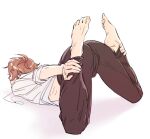  1boy ass barefoot brown_hair brown_pants bthshb_nu covered_penis crystal_necklace eiden_(nu_carnival) facing_away feet_up from_behind full_body grabbing_own_ankles highres lying male_focus meme messy_hair nu_carnival on_stomach pants reverse_yogic_sleep_pose ribs shirt short_hair simple_background sleeves_rolled_up solo top-down_bottom-up white_background white_shirt yoga 