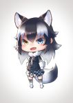  animal_ears arms_at_sides black_hair blazer blue_eyes chibi commentary_request extra_ears eyebrows_visible_through_hair fang full_body fur_collar gloves gradient_hair grey_wolf_(kemono_friends) hair_between_eyes heterochromia jacket kemono_friends long_hair long_sleeves looking_at_viewer multicolored_hair necktie no_nose plaid plaid_neckwear plaid_skirt shiny shiny_hair sidelocks skirt solo st.takuma tail thighhighs two-tone_hair white_gloves white_hair wolf_ears wolf_girl wolf_tail yellow_eyes zettai_ryouiki 