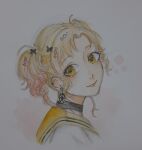  1girl black_choker blonde_hair candy_hair_ornament choker closed_mouth colored_tips commentary cropped_torso ear_piercing earrings english_commentary eyelashes food-themed_hair_ornament hair_ornament happy head_tilt highres jewelry lipstick makeup multicolored_hair nikki_(series) nonoberry22 nostrils parted_bangs piercing pink_lips sailor_collar shining_nikki shirt short_hair short_twintails smile solo star_(symbol) star_earrings stylist_(nikki) traditional_media twintails wavy_hair white_shirt yellow_eyes yellow_sailor_collar 