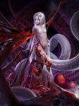  artist_name barefoot blood breasts closed_mouth cthulhu_mythos flower full_body green_eyes hair_flower hair_ornament highres lips long_hair looking_at_viewer navel nipples nude original pale_skin sarena silver_hair slime small_breasts solo standing standing_on_one_leg tattoo tentacles very_long_hair white_hair 