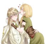  1boy 1girl arm_warmers assertive_female blonde_hair blush braid brown_arm_warmers brown_corset cape closed_eyes closed_mouth coat collared_shirt corset covered_pectorals cowboy_shot dot_nose dress earrings elf eyelashes flustered from_side gold_earrings green_dress hair_over_shoulder halfstar_(shining_nikki) hand_on_another's_hip hands_on_another's_shoulders heart hetero high_collar highres hoop_earrings jewelry laurel_crown licking licking_ear long_hair long_sidelocks looking_to_the_side ludwig_(shining_nikki) nikki_(series) nonoberry22 open_mouth pectorals pointy_ears pointy_nose shining_nikki shirt short_dress sidelocks simple_background single_braid single_earring tight_clothes tight_shirt tongue turtleneck turtleneck_dress upper_body very_long_hair white_background white_cape white_coat white_shirt yellow_eyes 
