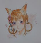  1girl animal_ear_fluff animal_ears blonde_hair blue_flower braid braided_hair_rings bubble commentary cropped_shoulders english_commentary eyelashes facepaint flower fox_ears hair_flower hair_ornament hair_rings happy highres light_blush light_smile lipstick makeup nikki_(series) nonoberry22 nostrils outline parted_lips pink_flower pink_lips purple_eyes shining_nikki short_hair sidelocks solo sphere_hair_ornament stylist_(nikki) traditional_media white_outline wisteria 