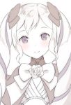  blush bow closed_mouth commentary_request drill_hair elise_(fire_emblem_if) fire_emblem fire_emblem_if flat_chest flower greyscale hair_bow highres long_hair monochrome ringozaka_mariko rose simple_background smile solo spot_color twintails white_background 