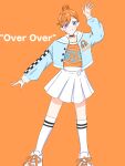  1girl arm_up black_choker blue_jacket blush choker closed_mouth collarbone commentary_request full_body hair_bun highres jacket kneehighs legs_apart long_sleeves looking_at_viewer love_live! love_live!_superstar!! mifukuzawa miniskirt open_clothes open_jacket orange_background orange_hair orange_shirt over_over_(love_live!) pleated_skirt purple_eyes shibuya_kanon shirt shoes short_hair single_hair_bun skirt smile sneakers socks solo song_name split_mouth standing white_shoes white_skirt white_socks 