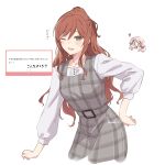  2girls absurdres bang_dream! bang_dream!_girls_band_party! bang_dream!_it's_mygo!!!!! blush brown_eyes brown_hair chihaya_anon chihaya_anon_(cosplay) commentary_request cosplay dress grey_dress grey_eyes half_updo highres imai_lisa jewelry kanade_(kanade_3344) long_hair long_sleeves marshmallow_(site) multiple_girls necklace one_eye_closed open_mouth pinafore_dress pink_hair plaid_clothes plaid_dress request_inset shirt simple_background sleeveless sleeveless_dress star-shaped_pupils star_(symbol) symbol-shaped_pupils translation_request white_background white_shirt 