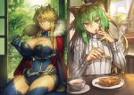  ahoge animal_ears artoria_pendragon_(all) artoria_pendragon_(lancer) atalanta_(fate) bangs blue_legwear blue_leotard braid breasts cape cat_ears chair cleavage cleavage_cutout closed_mouth commentary_request covered_navel crown cup detached_sleeves eating eyebrows_visible_through_hair fate/grand_order fate_(series) finger_to_mouth fork french_braid fur-trimmed_cape fur_trim gradient_hair green_eyes green_hair hair_between_eyes holding holding_fork house indoors large_breasts leotard looking_at_viewer melon22 multicolored_hair multiple_girls plate red_cape ribbed_sweater shouji sidelocks sitting sliding_doors smile steam sweater table tatami tree turtleneck turtleneck_sweater two-tone_hair window 