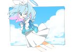  1girl arms_behind_back arona_(blue_archive) blue_archive blue_eyes blue_hair blue_halo blue_shirt blue_sky blush border bow_hairband braid cloud cloudy_sky colored_inner_hair cropped_legs hairband halo highres kyoroniki looking_at_viewer medium_hair multicolored_hair neckerchief one_eye_closed open_mouth pink_hair sailor_collar shirt side_braid single_braid skirt sky solo two-tone_hair white_border white_hairband white_neckerchief white_sailor_collar white_skirt 