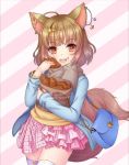  :d animal_ears asymmetrical_clothes bag bracelet brown_hair ear_piercing eating fennery_(show_by_rock!!) food food_on_face fox_ears fox_tail frilled_skirt frills hair_ornament hairclip handbag jacket jewelry long_sleeves open_mouth orange_eyes paper_bag piercing pink_background pink_lips print_legwear rusha_(r_style) scarf short_hair show_by_rock!! simple_background skirt smile star star_print tail taiyaki thighhighs tongue two-tone_background wagashi white_background zettai_ryouiki 