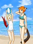  animal_ears blue_eyes breasts breath_of_fire breath_of_fire_v cat_ears cleavage closed_mouth commentary_request facial_mark forehead_mark full_body_tattoo green_hair inugami_(nemuriinu) lin_(breath_of_fire) multiple_girls nina_(breath_of_fire_v) red_wings short_hair swimsuit tail tattoo wings 