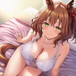  1girl ai-generated arm_support aston_machan_(umamusume) breasts brown_hair cleavage commentary_request green_eyes horse_girl large_breasts okasa_re_taii smile thighs umamusume underwear 